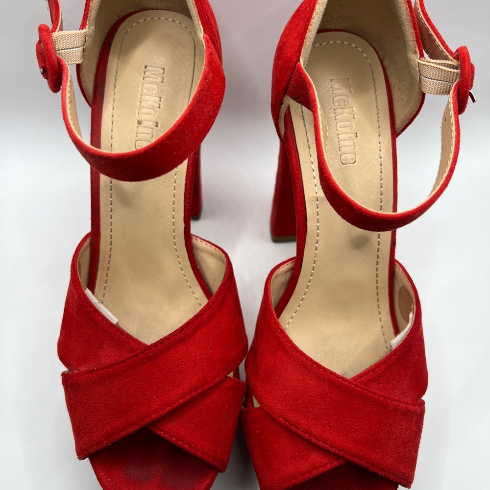 McKoline Red Suede Platform Ankle Strap Heels EUR 38 US 7.5 4.75” Heel